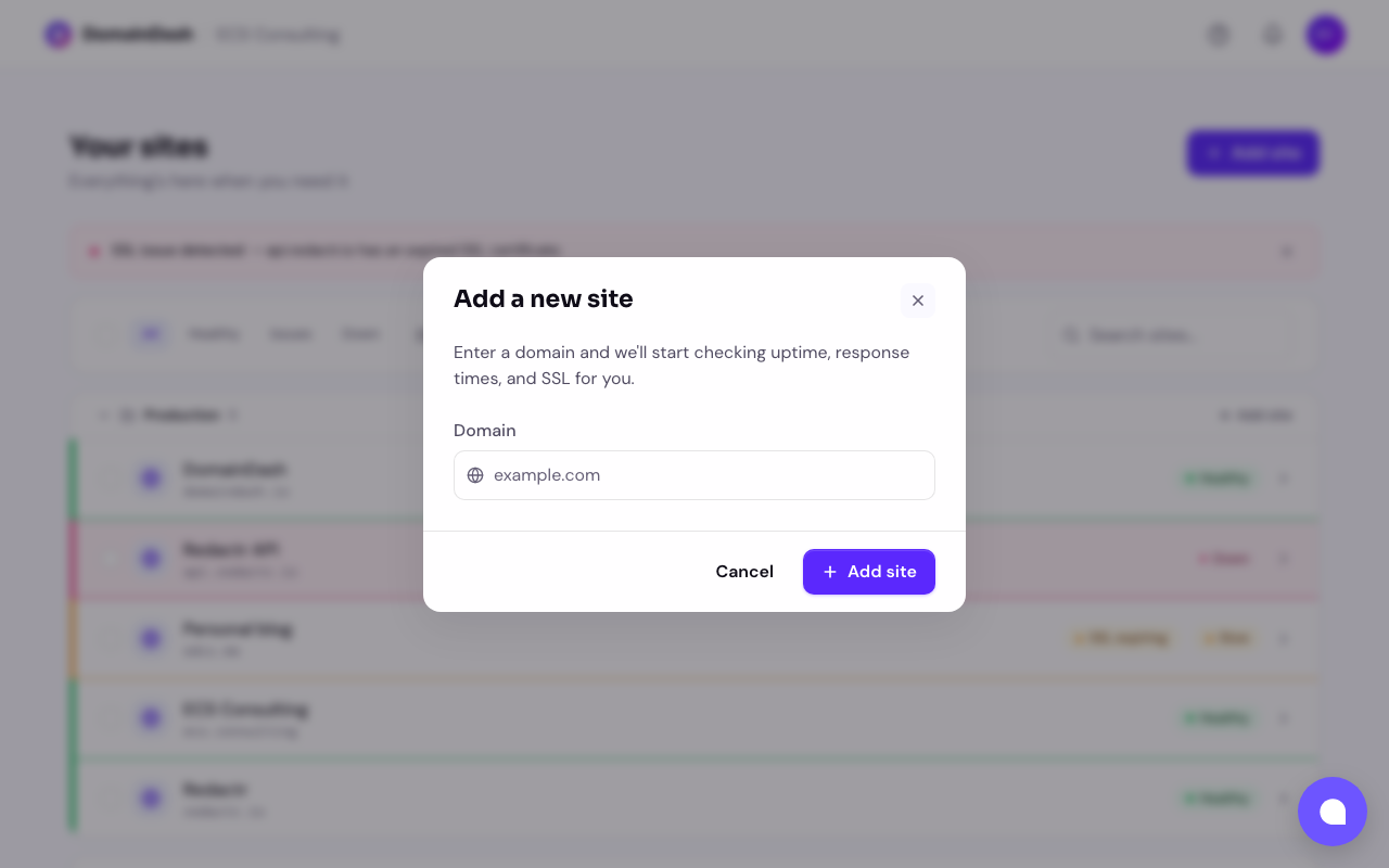 The Add site modal with a domain input field and Add site button