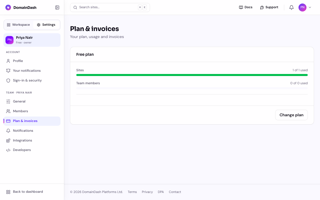 The billing settings page showing current plan usage and available plans