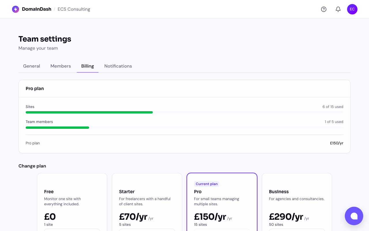 The billing settings page showing current plan usage and available plans