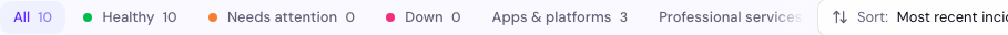 The dashboard filter bar showing health pills (All, Healthy, Needs attention, Down, Paused) each with a live count, plus group pills, with the active filter highlighted