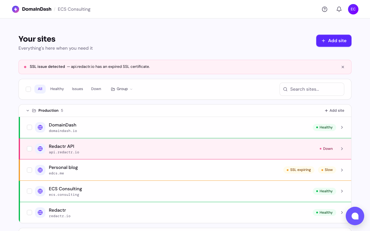 The DomainDash dashboard showing a list of monitored sites with status indicators