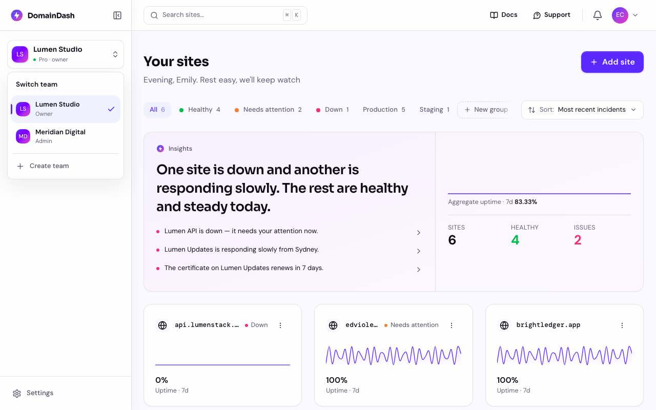 The team switcher open from the sidebar, listing the teams you belong to with your role on each, the active team checked, and a Create team option