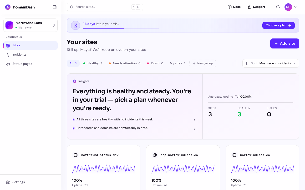 The dashboard with a trial countdown banner showing the days left in the 30-day Pro trial and a Choose a plan button