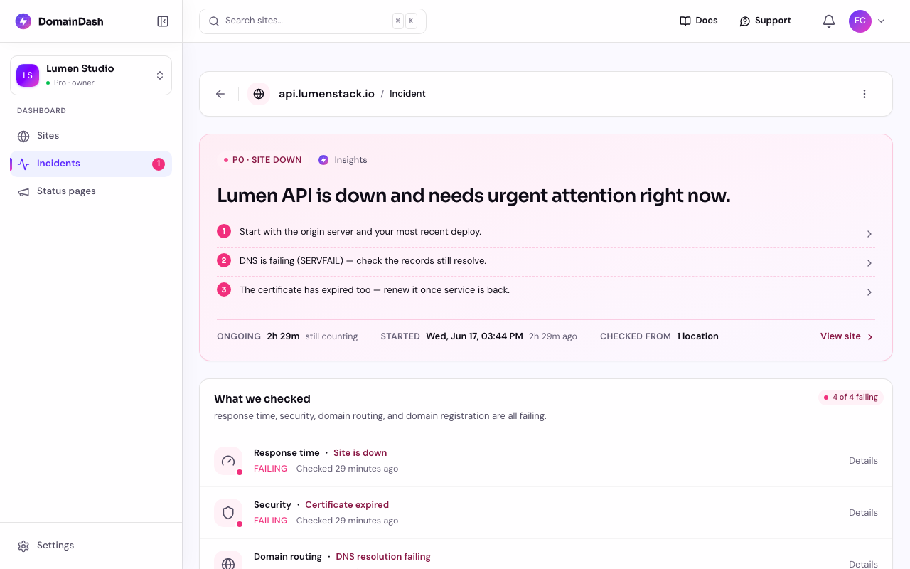 An incident timeline mixing automatic system entries with team notes, plus the Post an update composer at the bottom