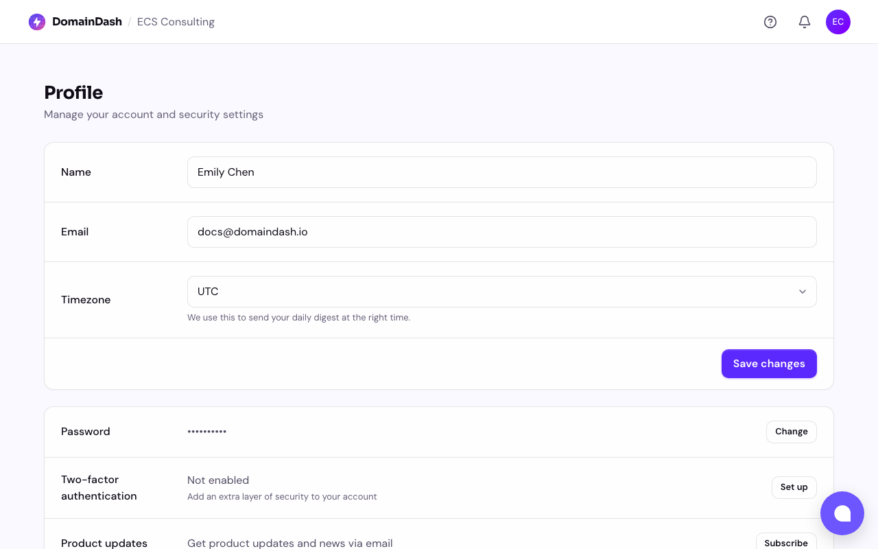 The DomainDash profile page showing account details, security settings, and team memberships