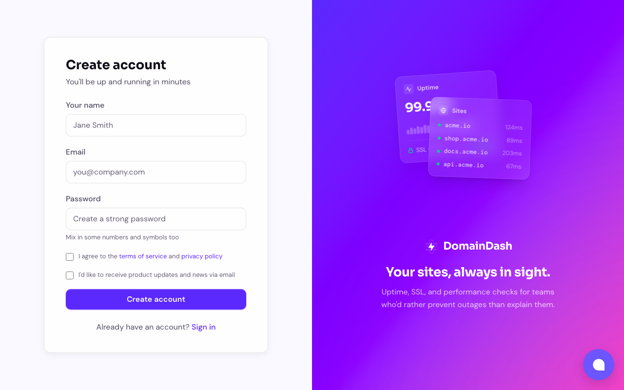 The DomainDash registration page showing name, email, and password fields