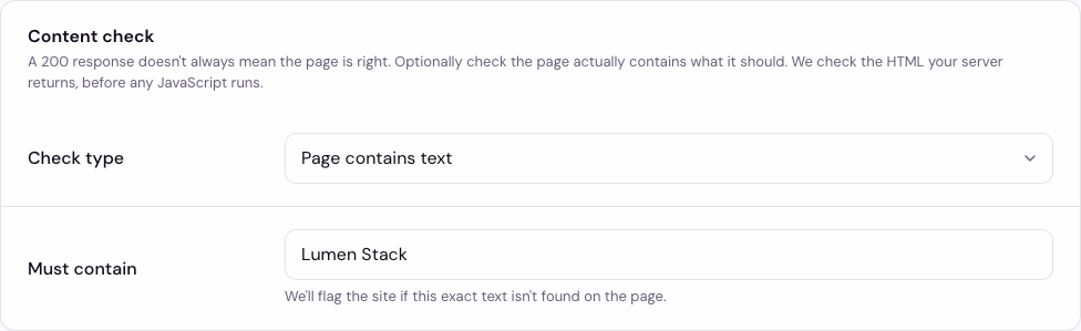 The Content check section of a site's Uptime settings, with the check type set to 'Page contains text' and the text to match filled in