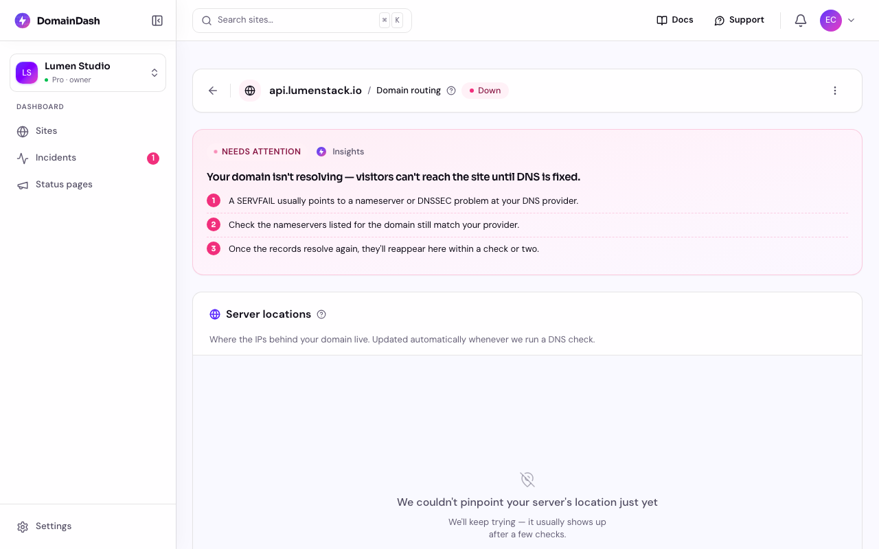 The Routing page for a site whose domain isn't resolving, showing an Insights summary explaining the SERVFAIL and how to fix it