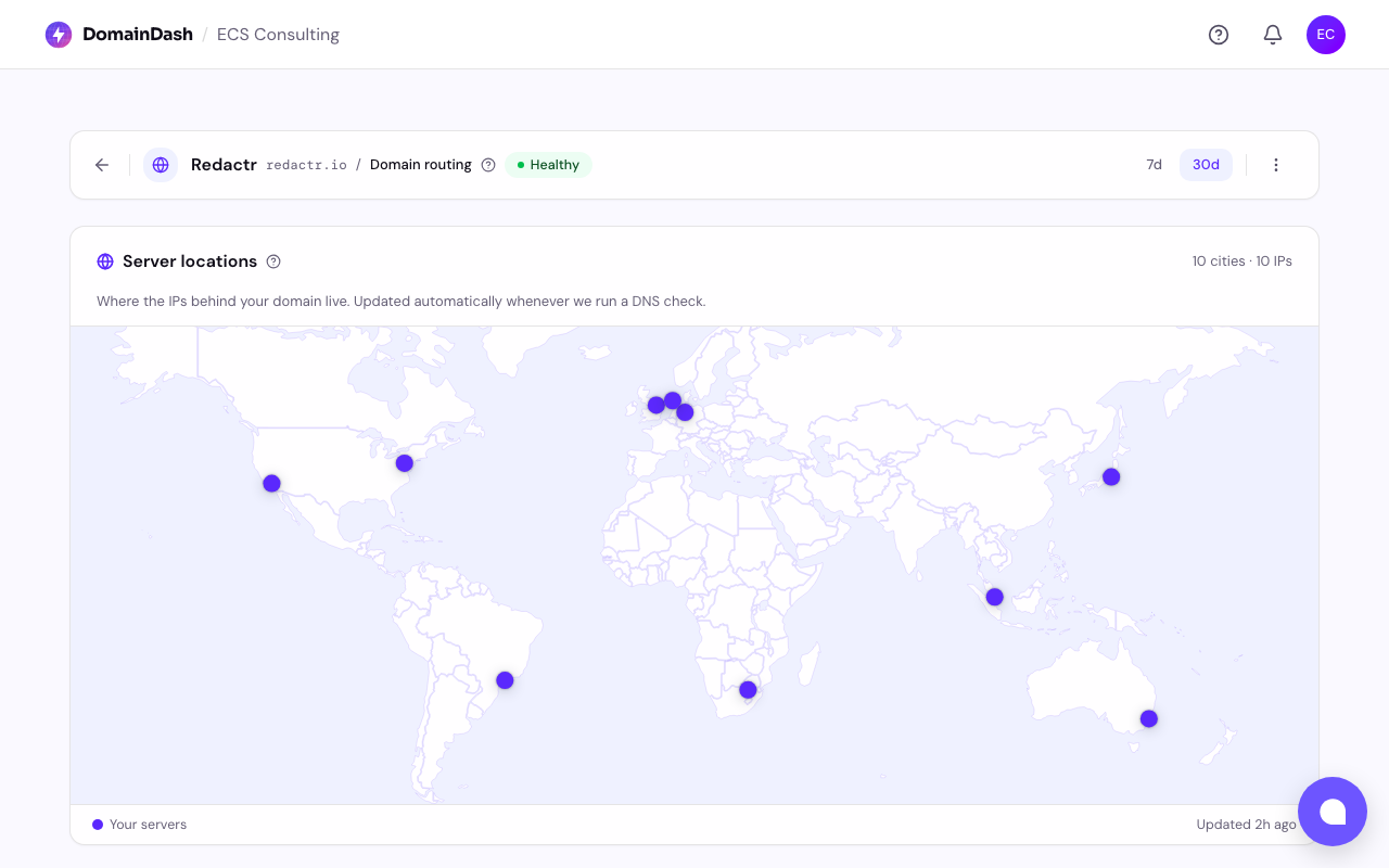 The routing detail page showing current DNS records and routing checks