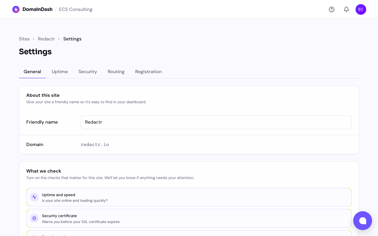 The site settings page showing the General tab with monitoring toggles