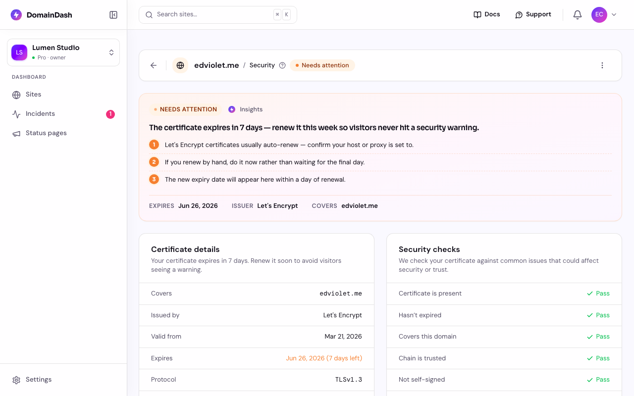 The Security page for a site whose certificate expires soon, showing an Insights summary with renewal steps