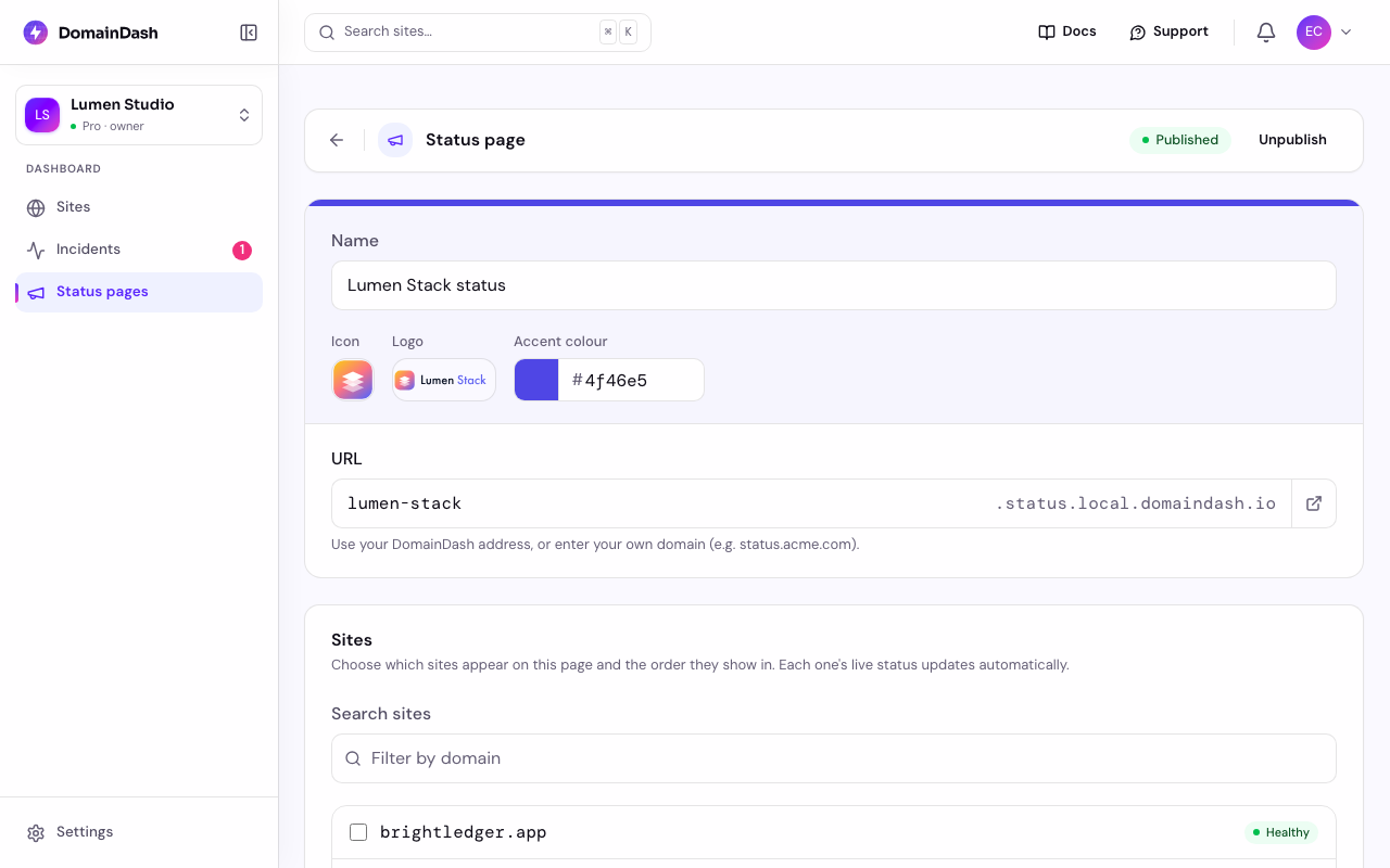 The status page edit screen showing logo, icon, and accent colour controls beside a live preview of the public header