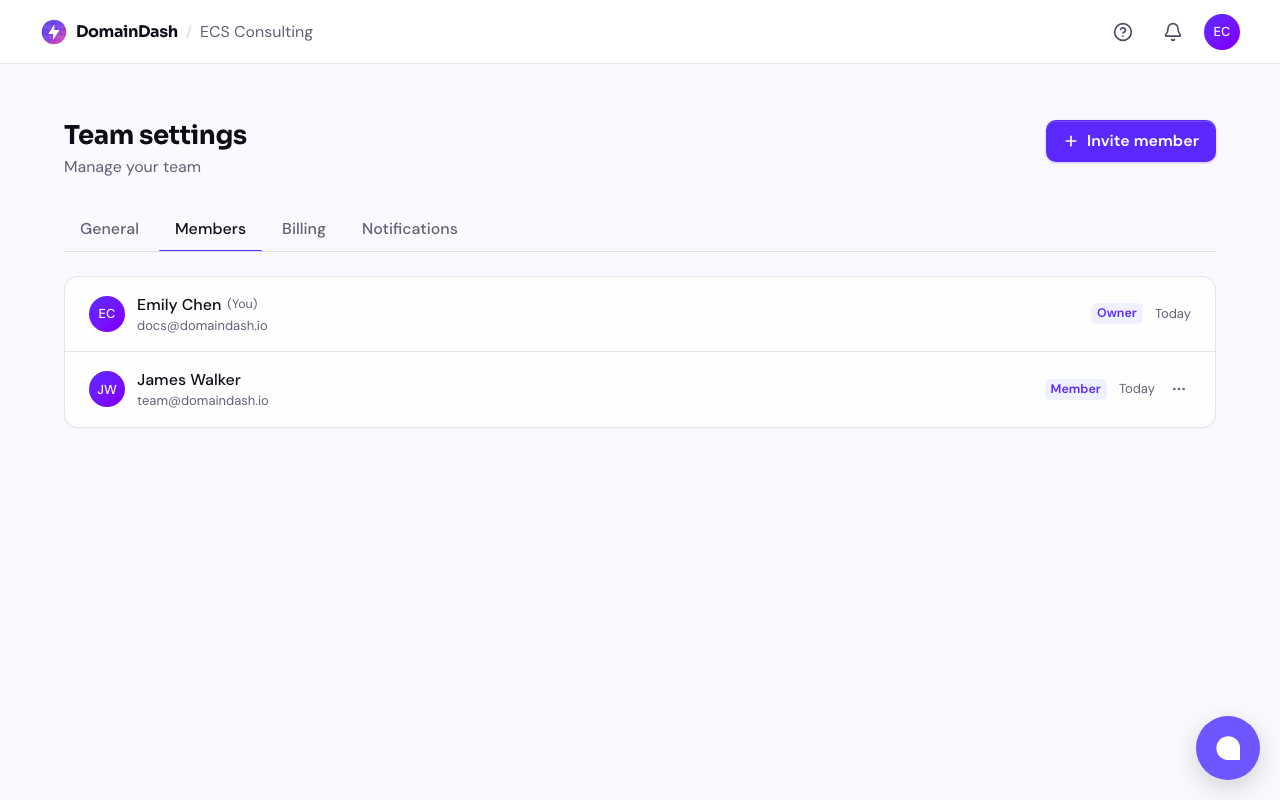 The team members page showing current members and a pending invitation