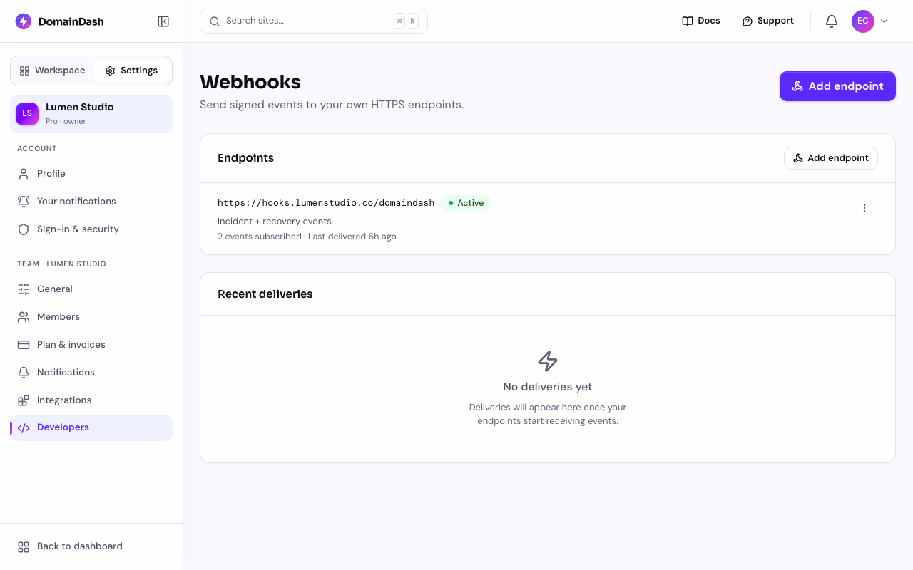The webhooks settings page showing the Recent deliveries table with event types, statuses, response codes, and attempt counts